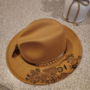 Chic Tan Fedora with Black Floral Design